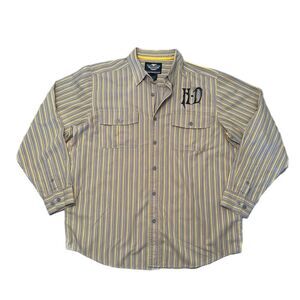Harley Davidson Men’s Striped Button Down Shirt Embroidered Grey Yellow Size XL